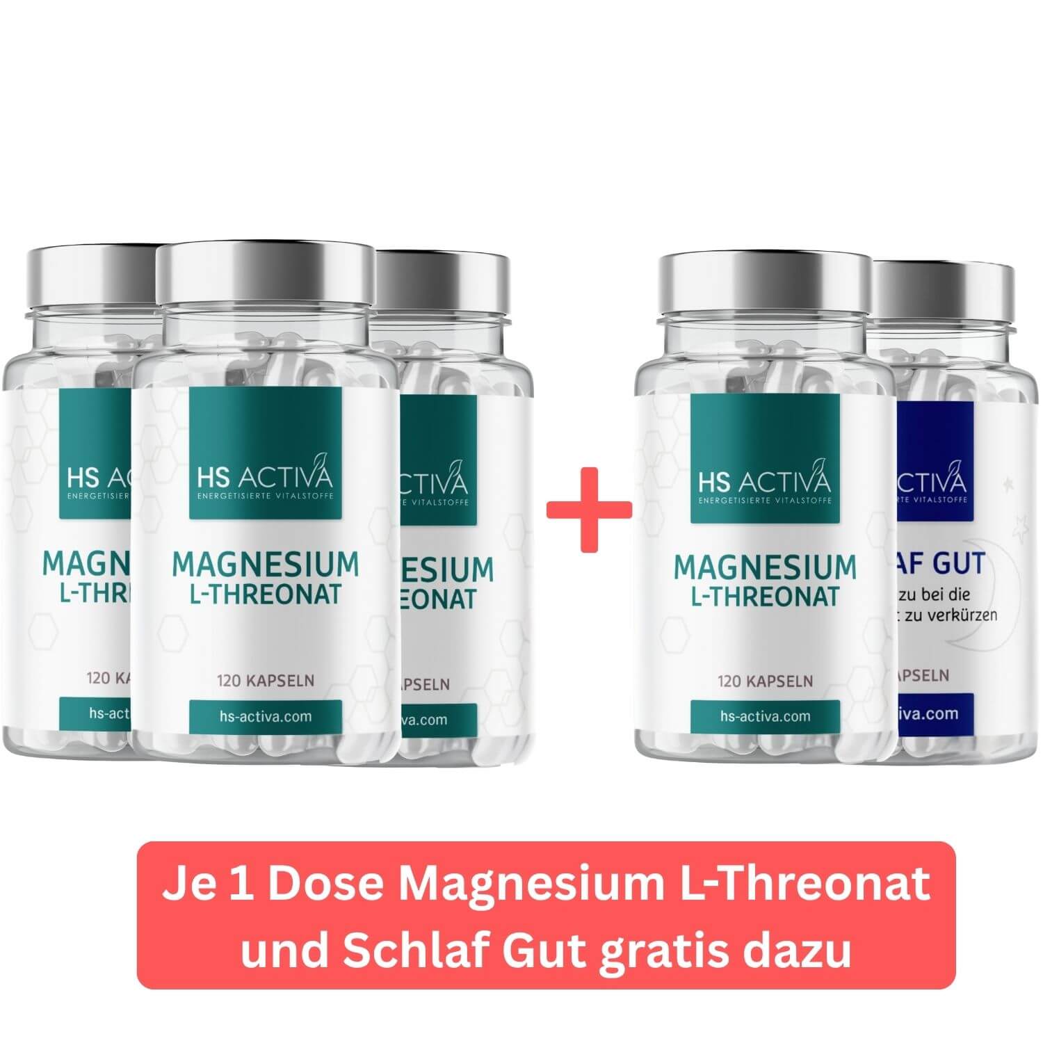 Magnesium L-Threonat kaufen – 4 Dosen im Angebot mit 1 Gratis-Dose Schlaf Gut. Ideal für Gesundheit, Schlaf und Nervenfunktion.