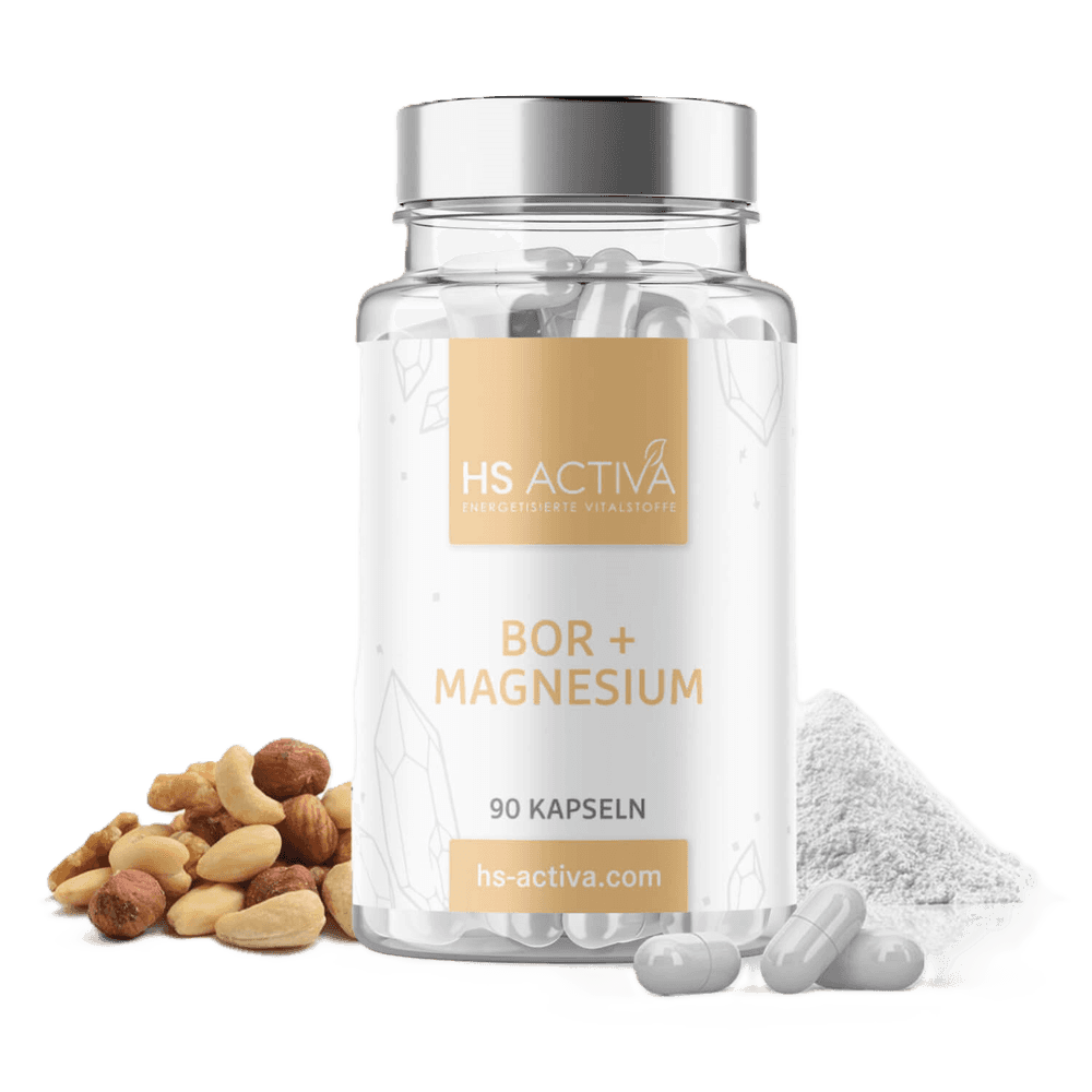 Product shot of HS Activa Bor + Magnesium capsules with a transparent bottle, beige label,  walnuts, hazelnuts, and cashews near a pile of white powder