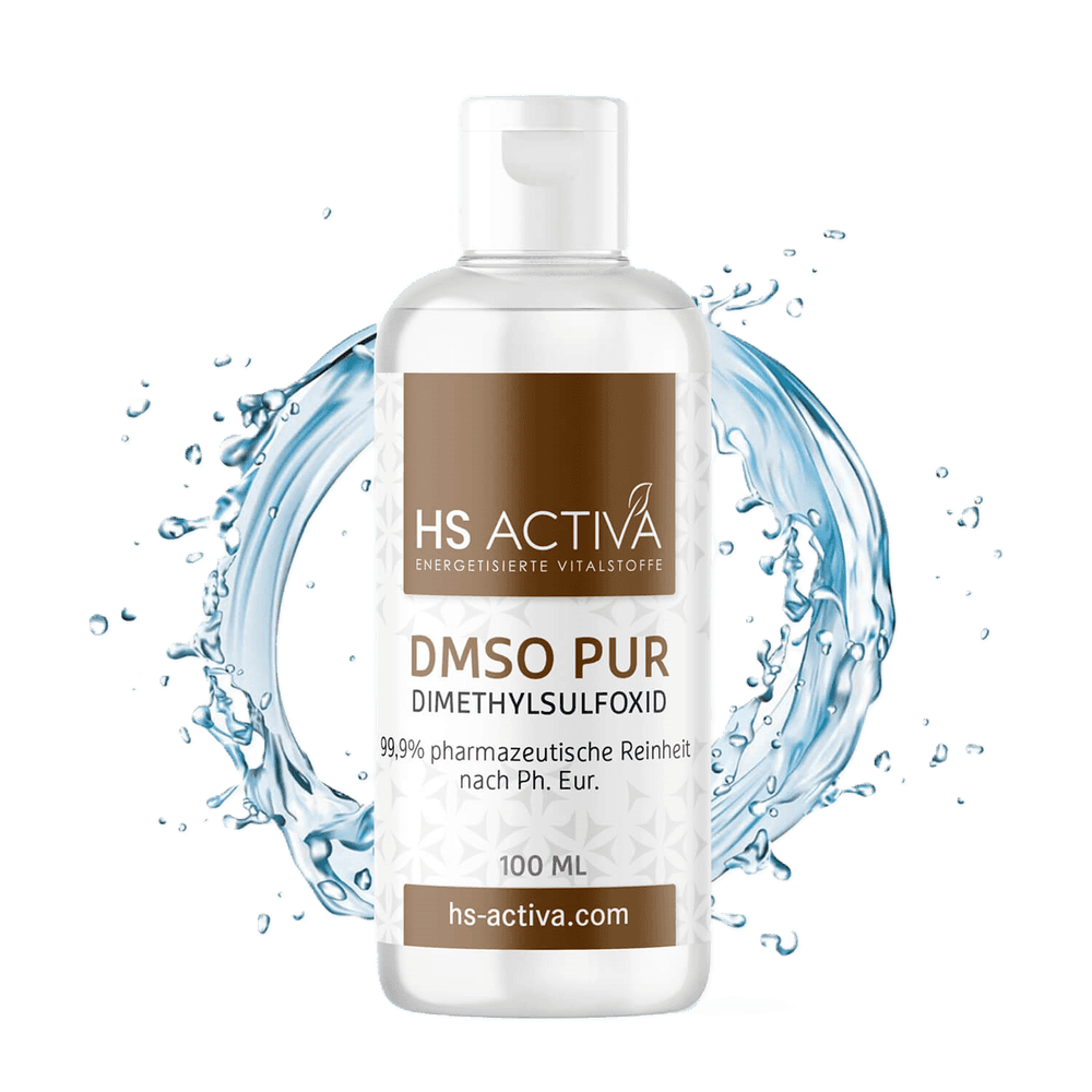 Product shot of HS ACTIVA 100ml DMSO Pur Dimethylsulfoxid bottle against a background of a stylized water splash featuring a brown label and  clear liquid inside a transparent bottle