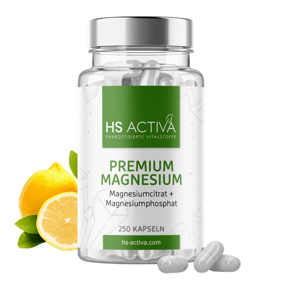 Product shot of HS Activa Premium Magnesium supplement bottle with 250 capsules lemons and green leaf accents displayed against a white background