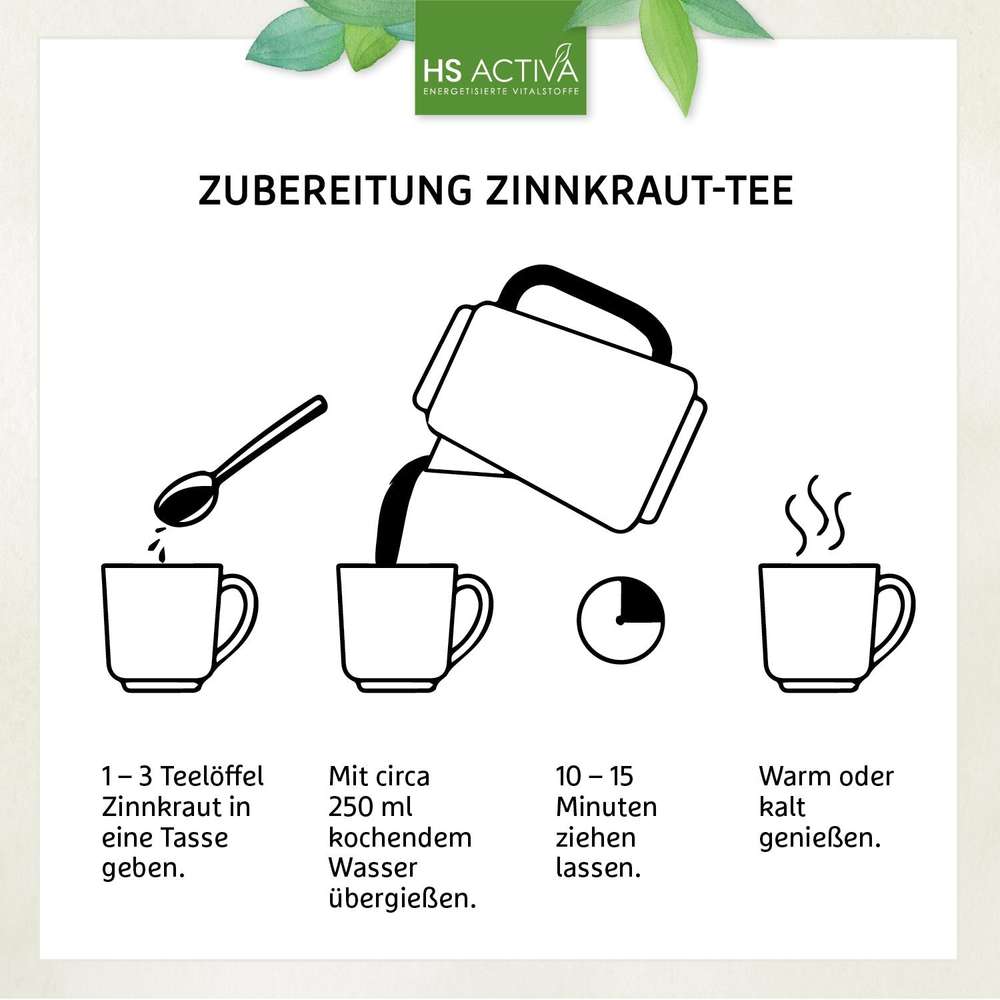 Line drawing illustration depicting the steps for preparing Zinnkraut tea showing a teaspoon a kettle mugs and a timer with simple black lines on a white background