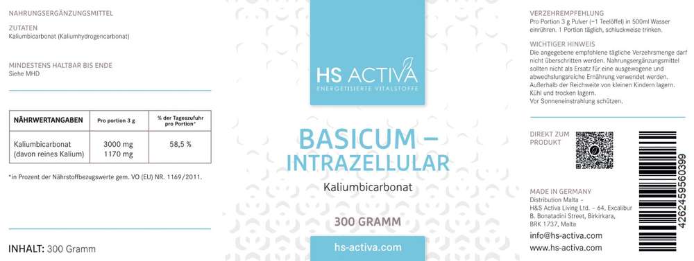 HS Activa product label showing Basicum-Intracellular Kaliumbicarbonat, 300 gram package, with a light blue and white design featuring repeating geometric shapes and a QR code for product information