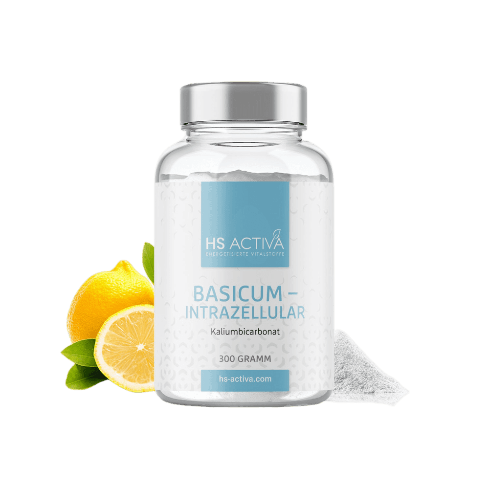 Product shot of HS Activa Basicum-Intrazellular Kaliumbicarbonat 300 Gramm supplement jar with lemons and light blue and white label design