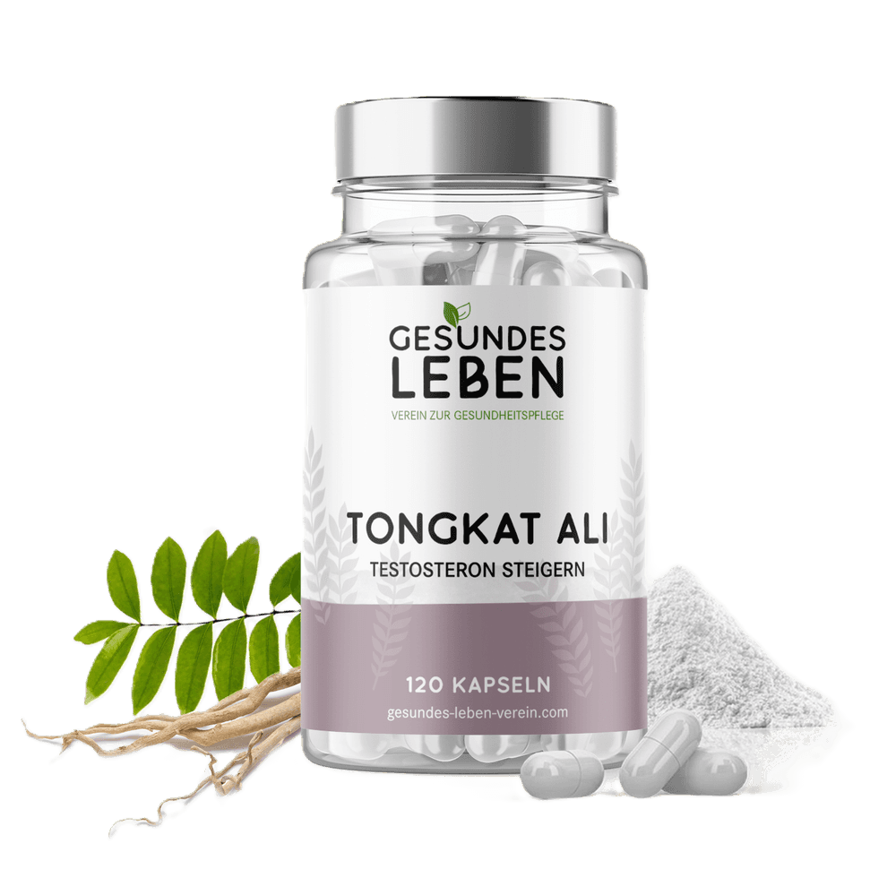 Product shot of Gesundes Leben Tongkat Ali 120 Kapseln supplement bottle with white capsules,  a pile of white powder, and vibrant green leaves and roots showcasing the product against a white background
