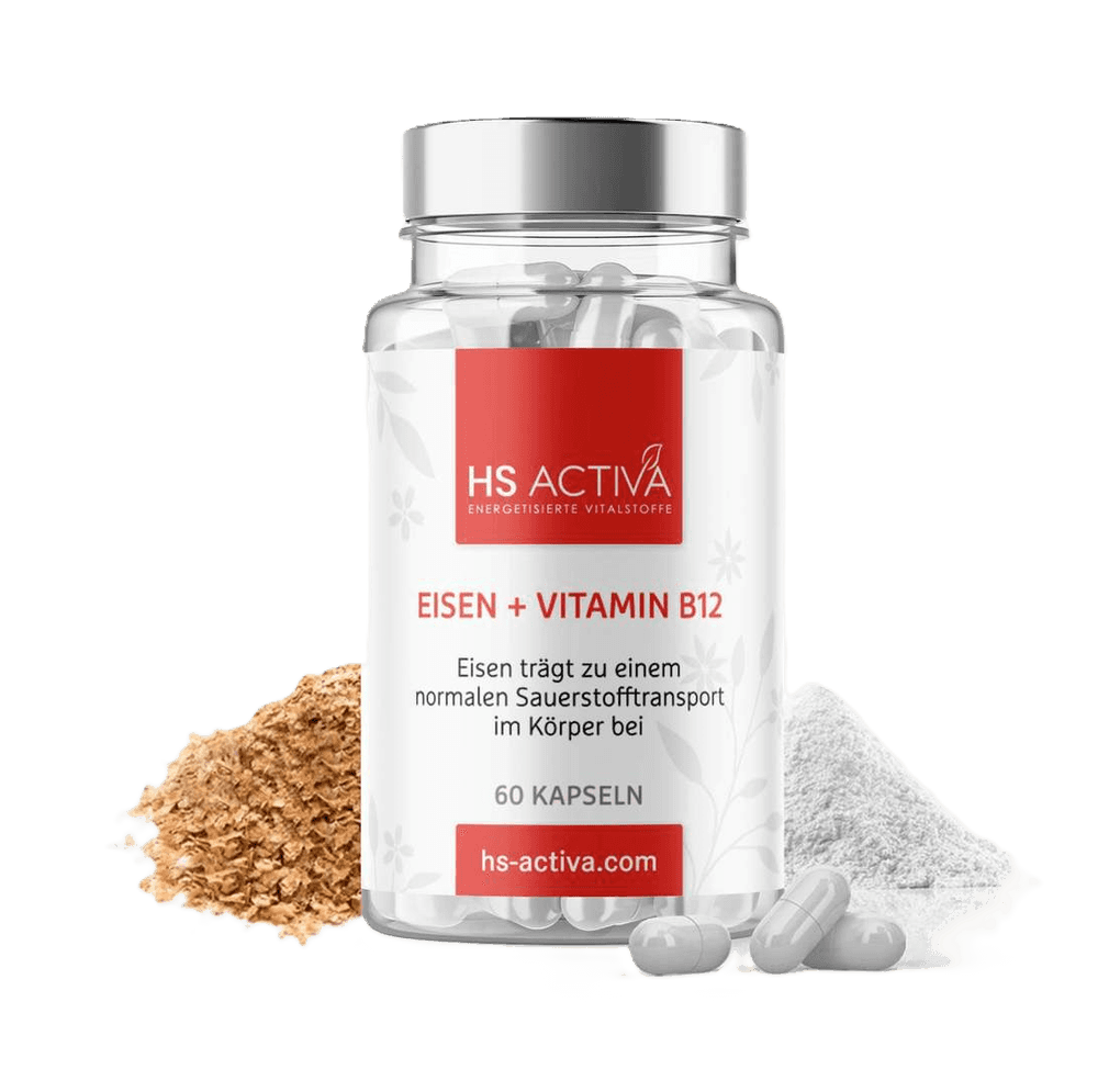 Product shot of HS Activa Iron and Vitamin B12 supplement capsules with piles of light brown and white powder showing a transparent bottle with a silver lid and red and white label