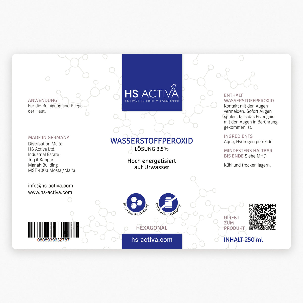 Etikett Wasserstoffperoxid 3,5 % - Inhaltsstoffe Aqua und Hydrogen peroxide, 250 ml, made in Germany