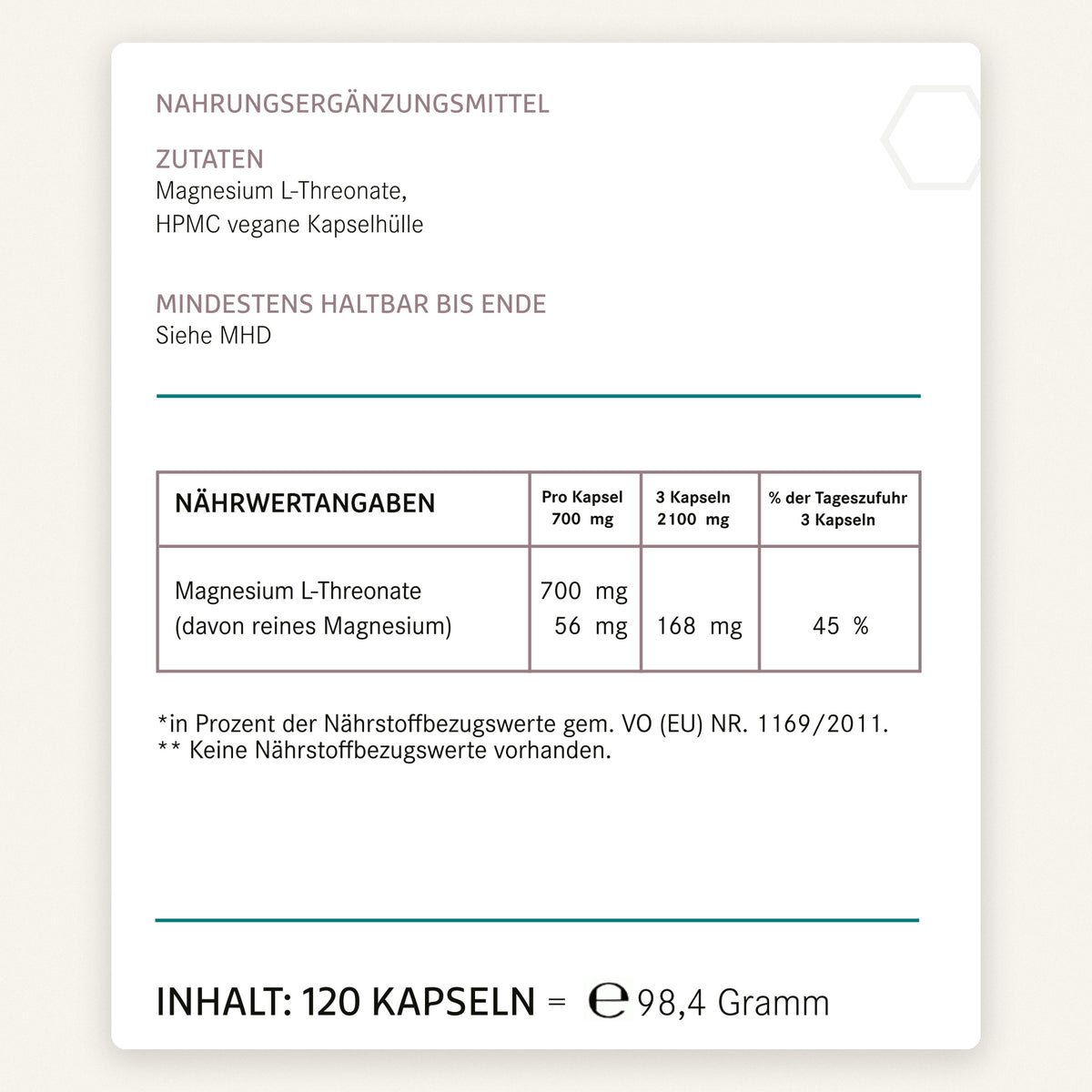 Original-Etikett Magnesium L-Threonat von HS Activa - Zutaten, Nährwertangaben, 120 Kapseln, 98,4 Gramm