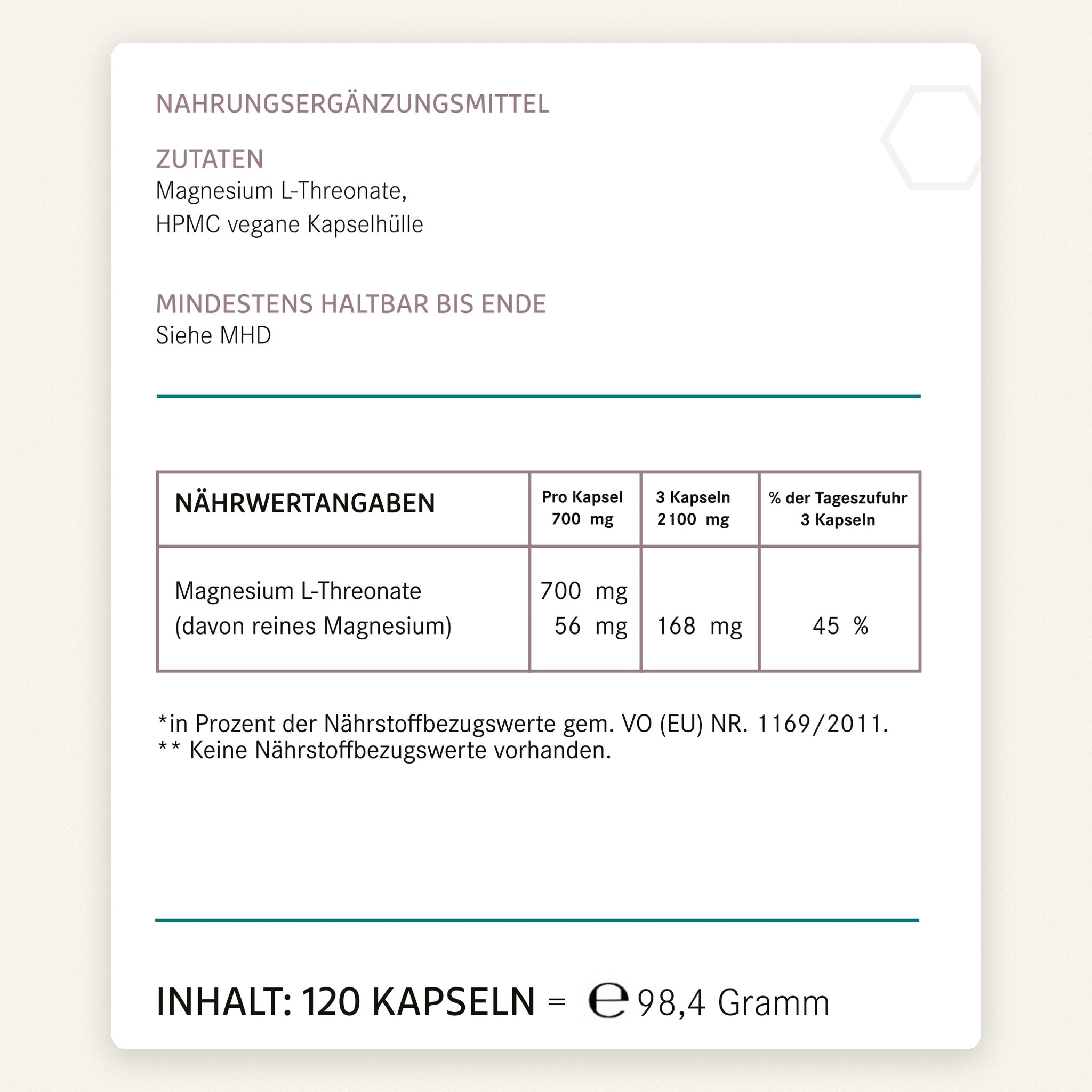 Original-Etikett Magnesium L-Threonat von HS Activa - Zutaten, Nährwertangaben, 120 Kapseln, 98,4 Gramm