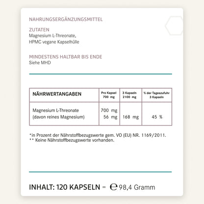 Original-Etikett Magnesium L-Threonat von HS Activa - Zutaten, Nährwertangaben, 120 Kapseln, 98,4 Gramm