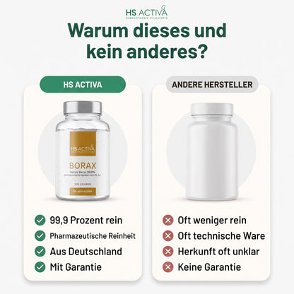 Borax von HS Activa im Vergleich mit anderen Herstellern - 99,9 Prozent rein, pharmazeutische Reinheit, aus Deutschland