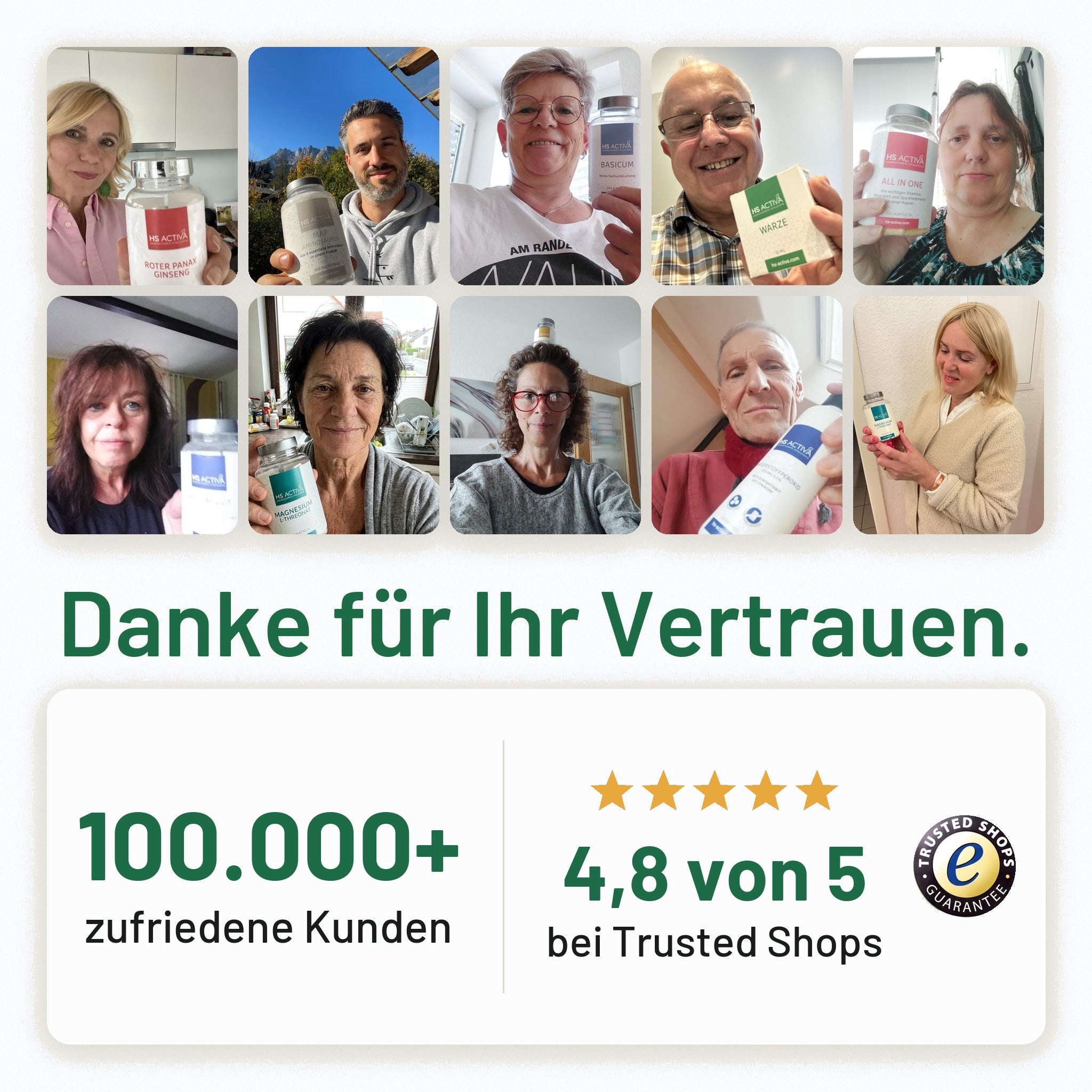 Über 100.000 zufriedene Kunden von HS Activa, 4,8 von 5 bei Trusted Shops