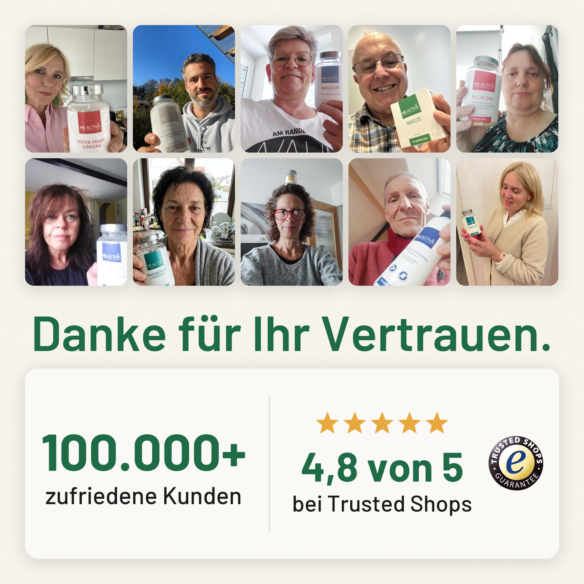 Über 100.000 zufriedene Kunden von HS Activa, 4,8 von 5 bei Trusted Shops