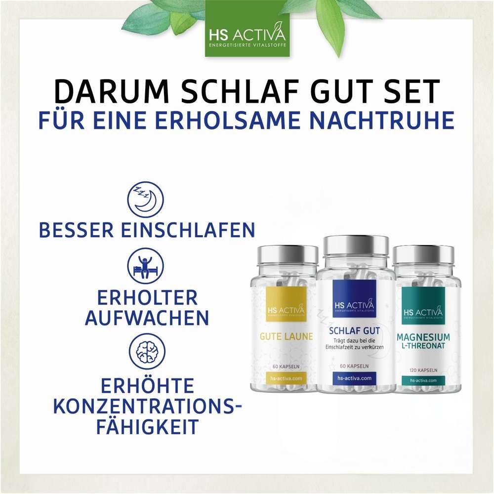 HS Activa product advertisement showing three bottles of dietary supplements Gute Laune Schlaf Gut and Magnesium L-Threonat with labels featuring blue and silver details and a website address
