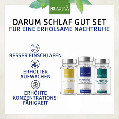 HS Activa product advertisement showing three bottles of dietary supplements Gute Laune Schlaf Gut and Magnesium L-Threonat with labels featuring blue and silver details and a website address
