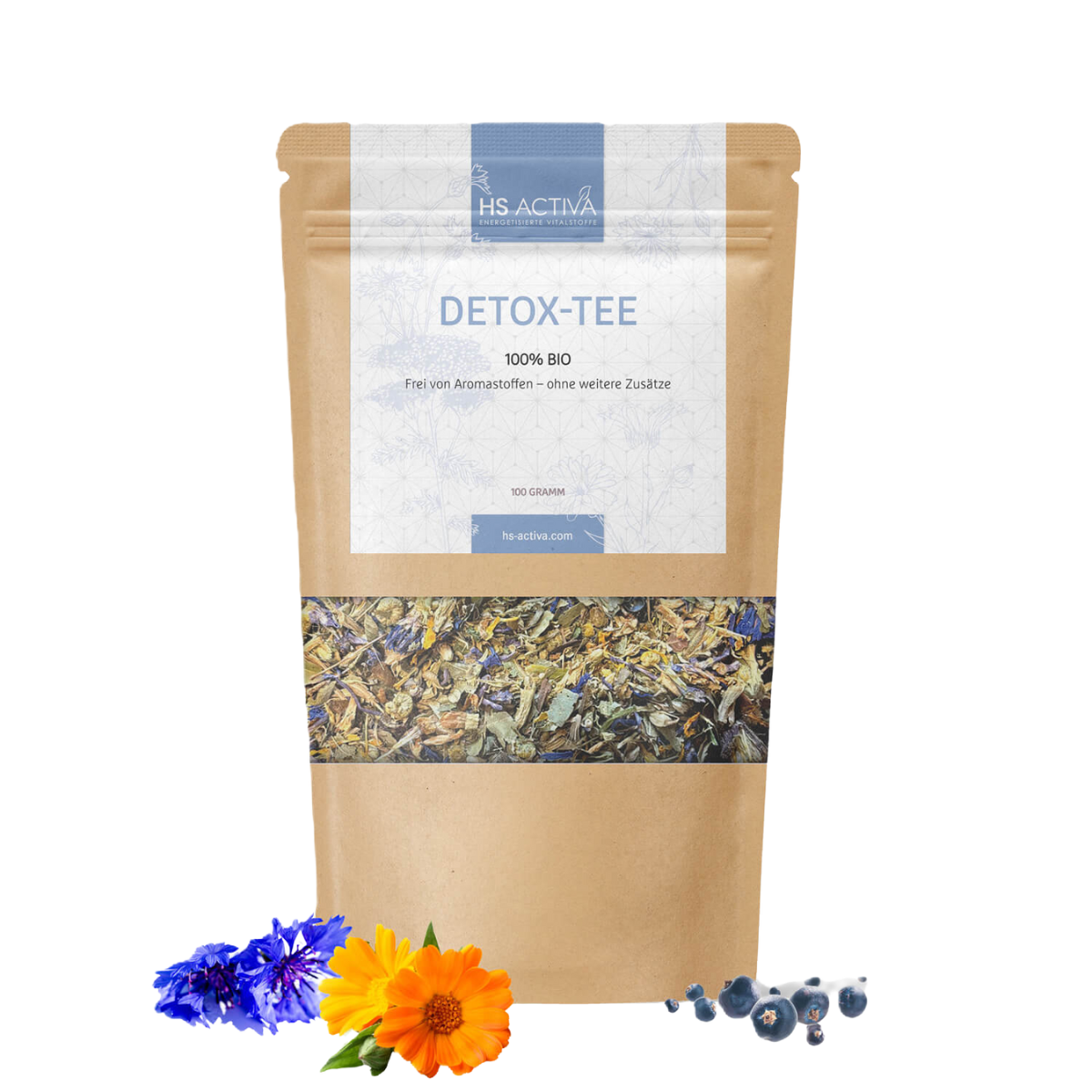 Product shot of HS Activa Detox-Tee 100% Bio tea bag featuring vibrant blue cornflowers, bright orange calendula, and dark blueberries against a kraft paper background
