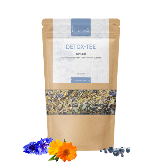 Product shot of HS Activa Detox-Tee 100% Bio tea bag featuring vibrant blue cornflowers, bright orange calendula, and dark blueberries against a kraft paper background
