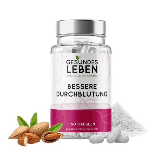 Product shot of Gesundes Leben 150 Kapseln bottle featuring a silver lid, pink and white label, and almonds with accompanying white powder and capsules.
