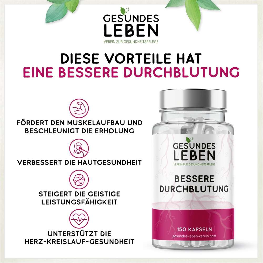 Product shot of Gesundes Leben Verein zur Gesundheitspflege's 150-capsule bottle featuring a magenta label and illustrative roots, promising improved circulation, muscle growth, and skin health.
