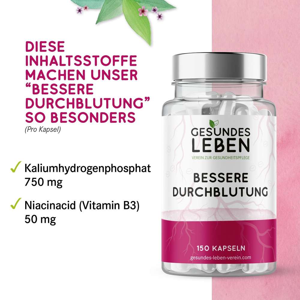Product shot of a clear plastic bottle of Gesundes Leben capsules featuring a pink and white label with illustrations of root systems and  a silver lid containing 150 capsules of  potassium hydrogen phosphate and niacinacid
