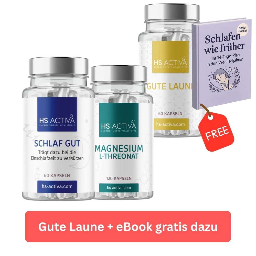 Product shot showing HS Activa sleep and magnesium supplements with a free ebook featuring teal and gold labels and a relaxing sleep scene
