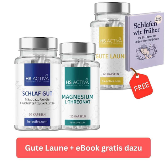 Product shot showing HS Activa sleep and magnesium supplements with a free ebook featuring teal and gold labels and a relaxing sleep scene
