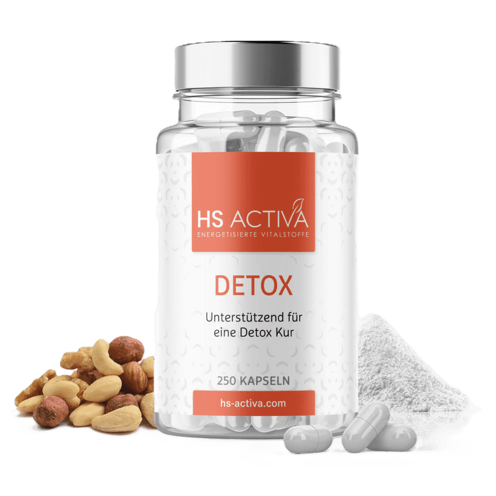 Product shot of HS Activa Detox capsules with assorted nuts a white powder and a coral label showcasing a modern design
