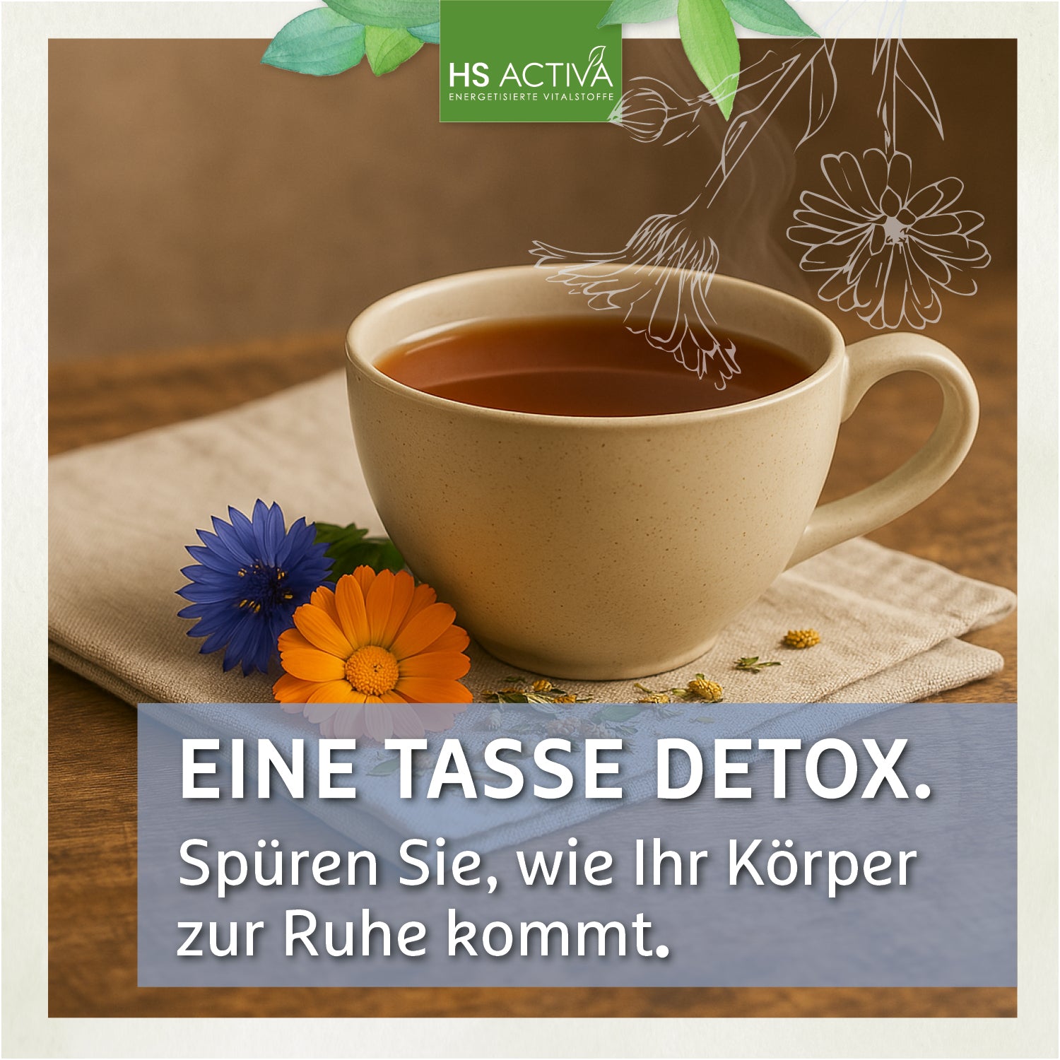 Unknown artist, photograph of a steaming cup of herbal tea on a rustic wooden surface adorned with vibrant orange calendula and blue cornflowers next to it, suggesting a detoxifying beverage.
