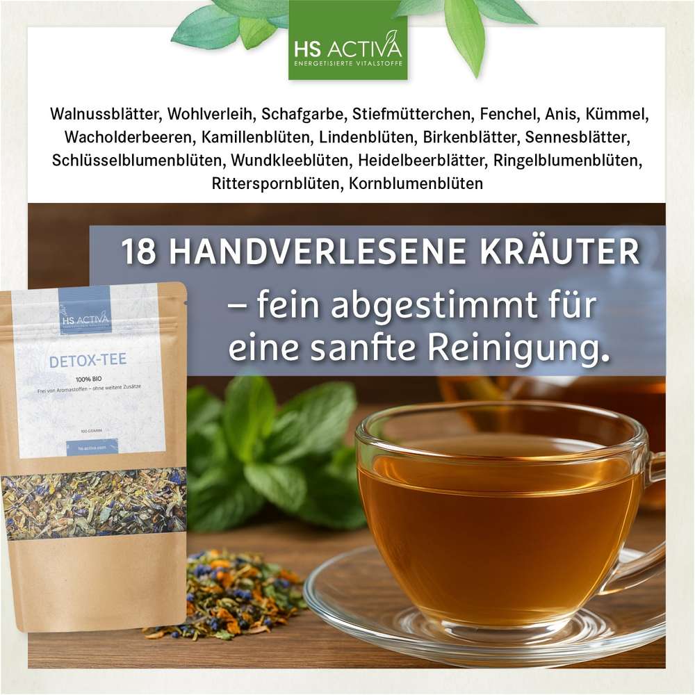 Product shot showing a cup of amber herbal tea with a bag of HS Activa Detox-Tea featuring vibrant blue, orange, and yellow flower petals and leaves next to it.
