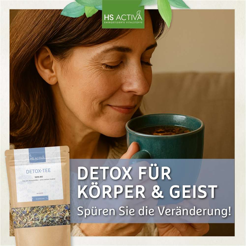 Photography of a woman enjoying a teal mug of tea with a package of HS ACTIVA Detox Tea featuring blue, purple, and green herbs visible inside, promoting body and mind detox.
