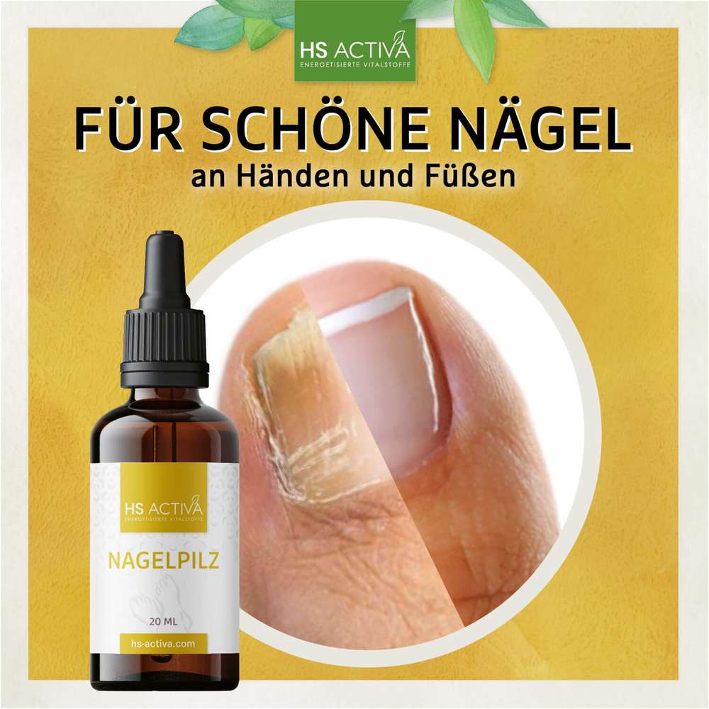 Product shot showing HS Activa's nail fungus treatment, featuring a before and after image of a toenail with yellow discoloration and a brown glass bottle against a mustard yellow background
