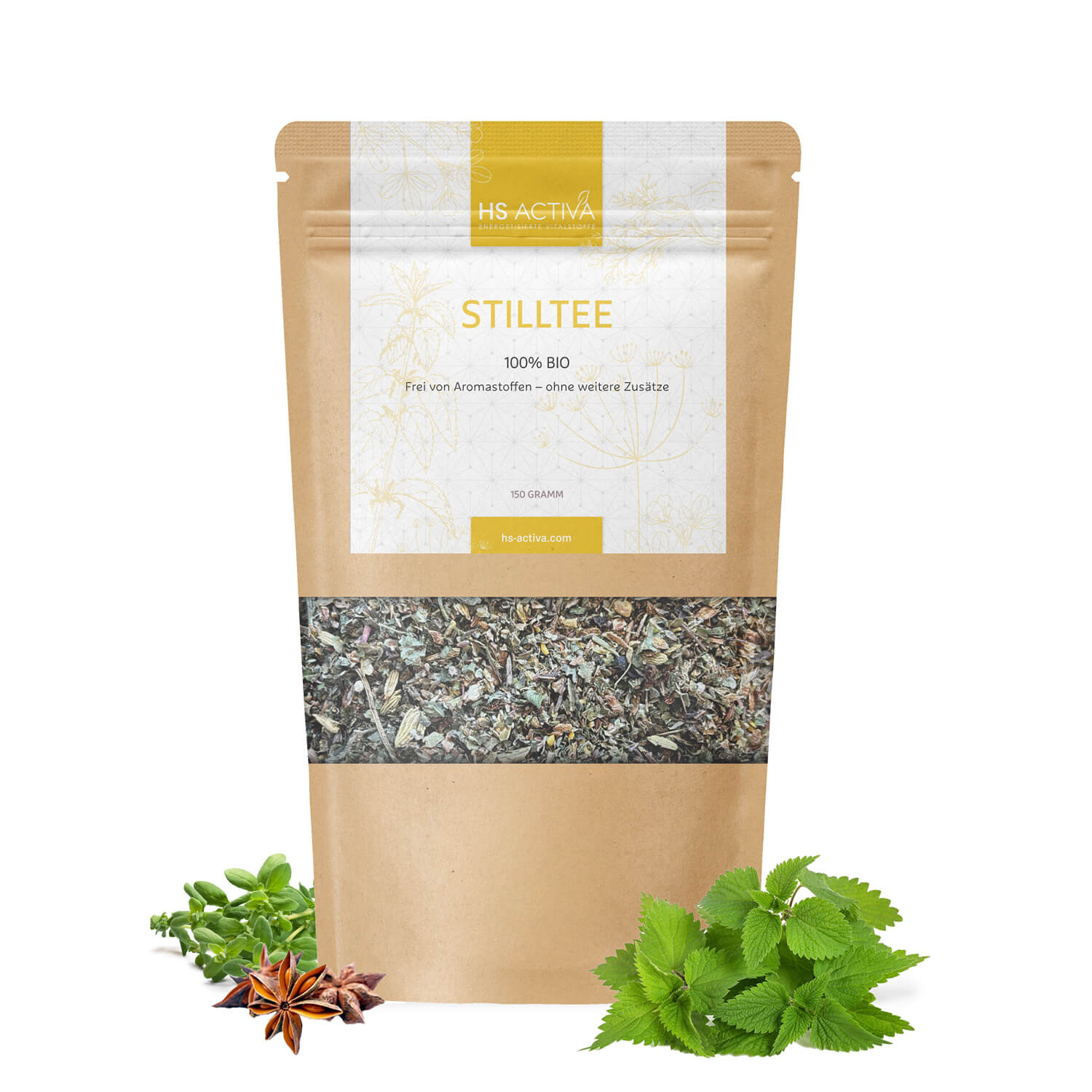 Product shot of HS Activa Stilltee 150g bag of organic herbal tea featuring vibrant green nettle leaves, brown star anise, and thyme sprigs against a white background
