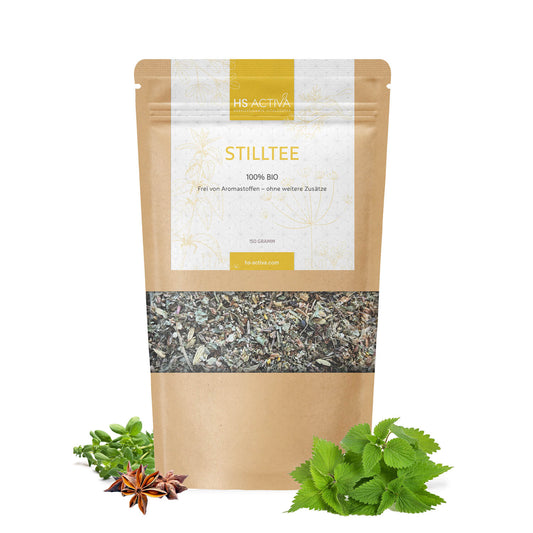 Product shot of HS Activa Stilltee 150g bag of organic herbal tea featuring vibrant green nettle leaves, brown star anise, and thyme sprigs against a white background
