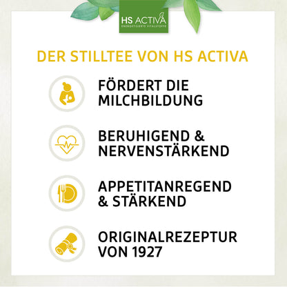 Graphic design advertising HS Activa's Stilltee featuring yellow icons of a mother and child, a heart rate monitor, and a plate with cutlery, highlighting its milk-boosting, calming, and appetite-stimulating properties with an original 1927 recipe
