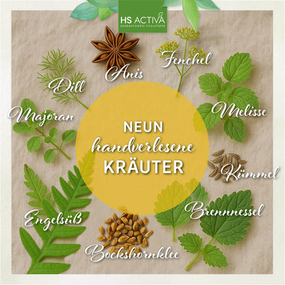 HS Activa graphic design featuring nine handpicked herbs including star anise, dill, and bright green lemon balm leaves arranged on a beige background
