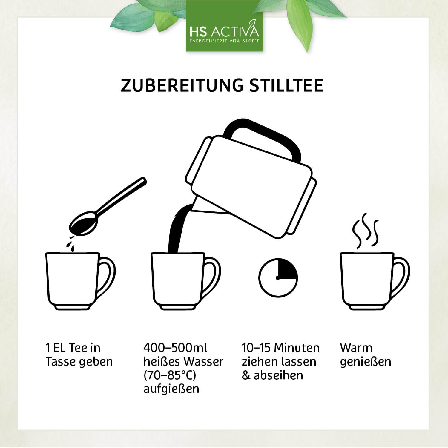 Line drawing illustration of how to prepare still tea showing a tea bag, kettle, mug, and timer with simple black lines on a white background
