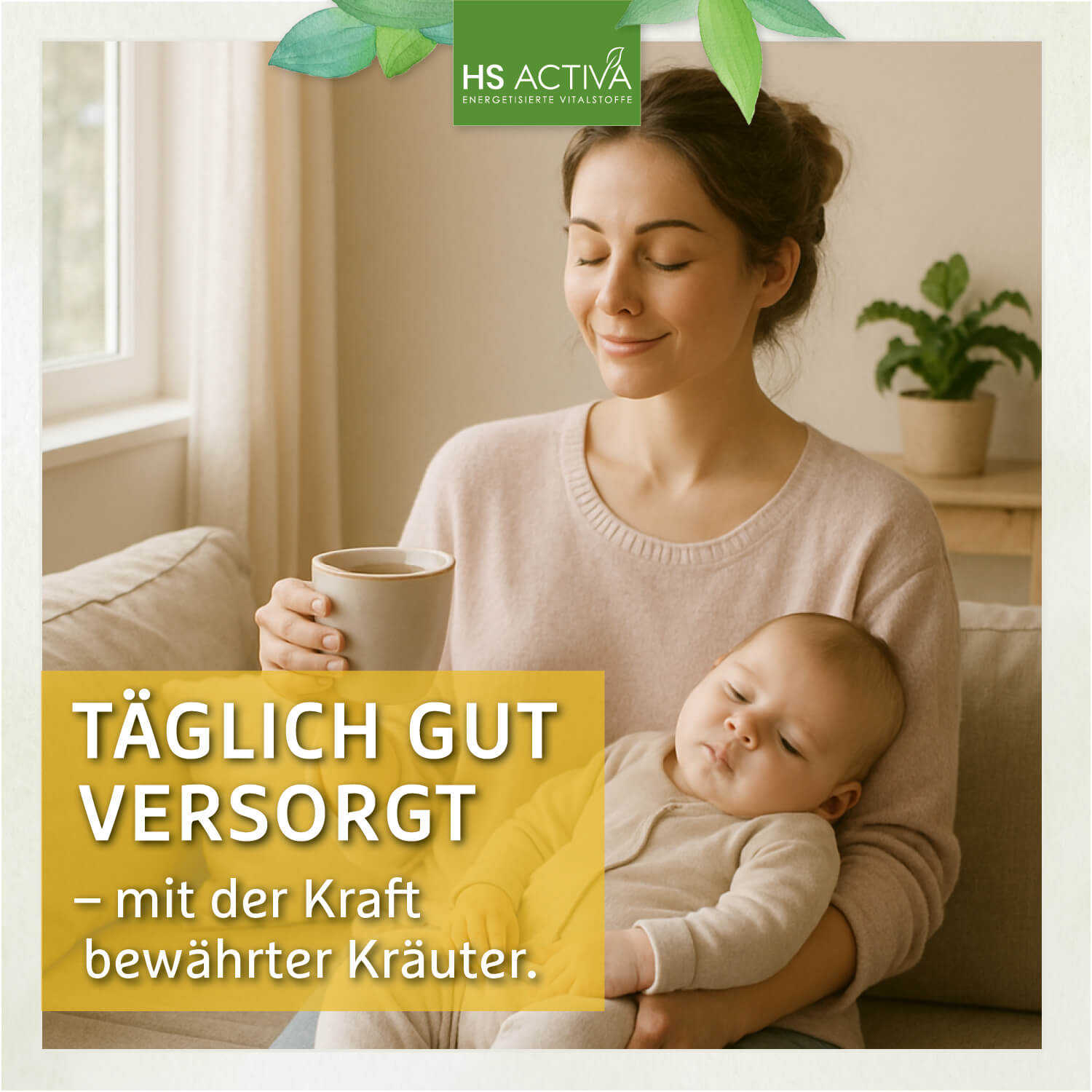 Photo of a mother and baby at home near a bright window with beige walls and plants a woman holds a beige mug and a sleeping baby in a neutral onesie while enjoying a peaceful moment
