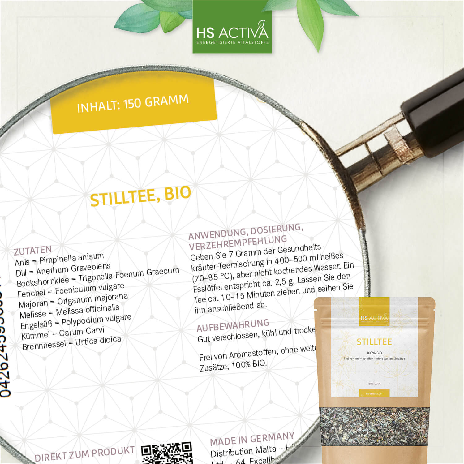 Product photography of HS Activa Stilltee Bio herbal tea blend featuring a beige bag with green accents and a detailed ingredient list showcasing anise, dill, and fenugreek