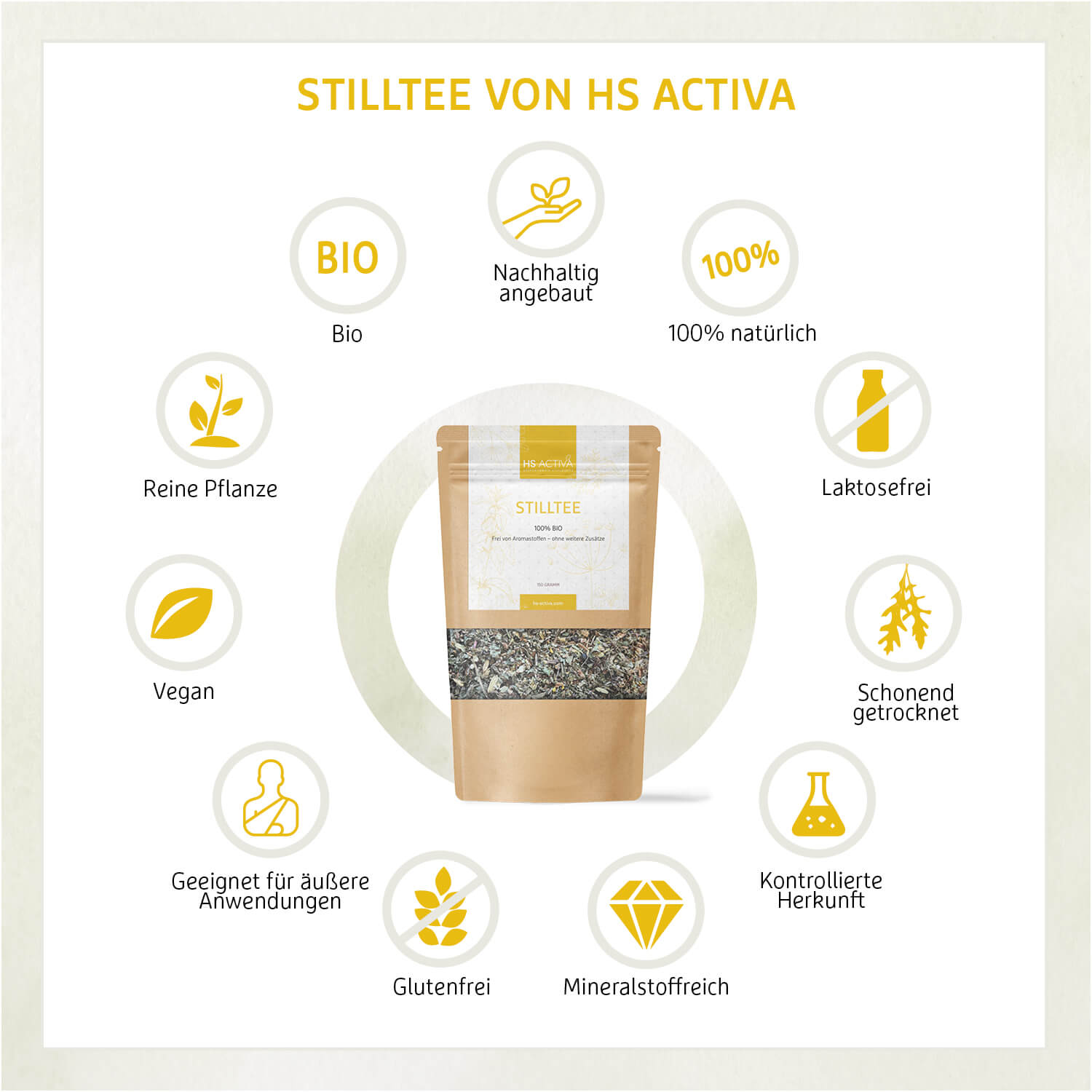 Product shot of HS Activa Stilltee herbal tea bag featuring a kraft paper pouch with text, surrounded by icons depicting organic, vegan, lactose-free, and sustainably sourced ingredients with gentle drying process
