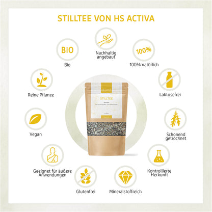 Product shot of HS Activa Stilltee herbal tea bag featuring a kraft paper pouch with text, surrounded by icons depicting organic, vegan, lactose-free, and sustainably sourced ingredients with gentle drying process
