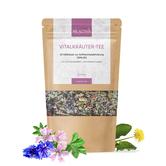 Product shot of HS Activa Vitalkräuter-Tee, a 150-gram bag of 20 organic herbal teas for metabolism, featuring vibrant blue cornflower, pink mallow blossoms, and a sunny yellow dandelion.

