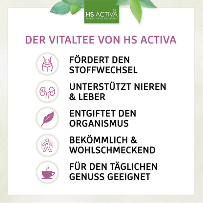 HS Activa graphic design advertisement for Vitaltee tea showing icons representing metabolism, kidneys, liver detoxification, and a steamy cup with purple accents and watercolor leaves.
