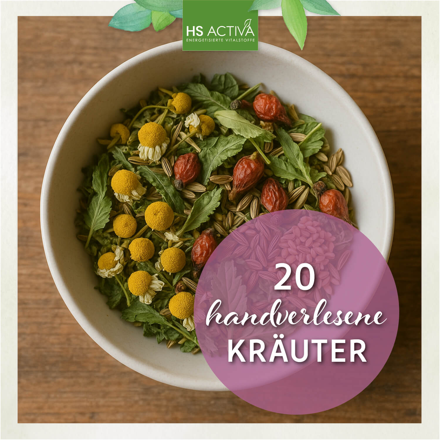 Photograph of a bowl of  herbal tea blend featuring chamomile flowers, rosehips, and fennel seeds on a wooden surface
