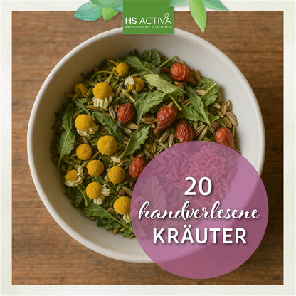 Photograph of a bowl of  herbal tea blend featuring chamomile flowers, rosehips, and fennel seeds on a wooden surface
