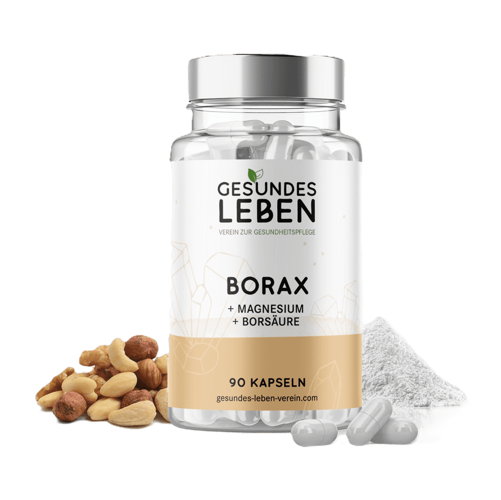Product shot showing a bottle of Gesundes Leben Borax capsules with Magnesium and Boric Acid alongside a pile of mixed nuts and powder featuring a minimalist design with pale gold accents
