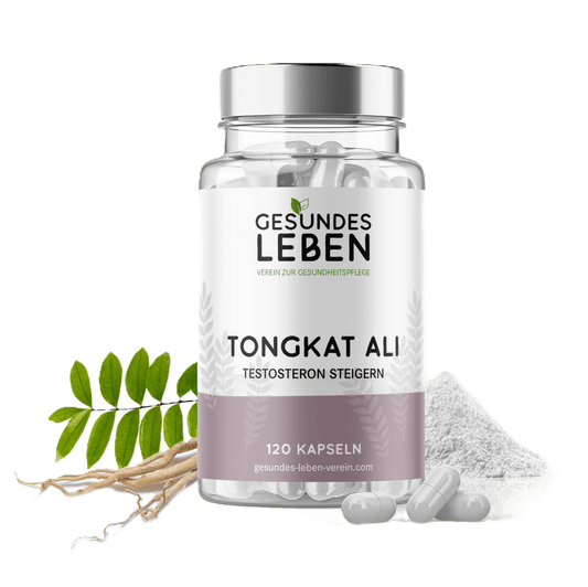 Product shot of Gesundes Leben Tongkat Ali 120 Kapseln supplement bottle with white capsules,  a pile of white powder, and vibrant green leaves and roots showcasing the product against a white background

