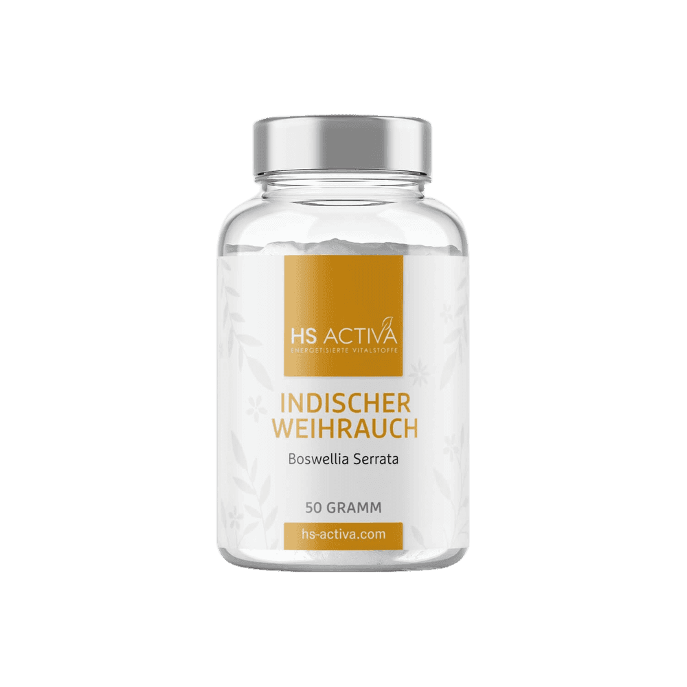 Product shot of HS Activa Indian Frankincense Boswellia Serrata 50 gram supplement bottle with a silver cap and gold label featuring delicate floral illustrations and a website address hs-activacom
