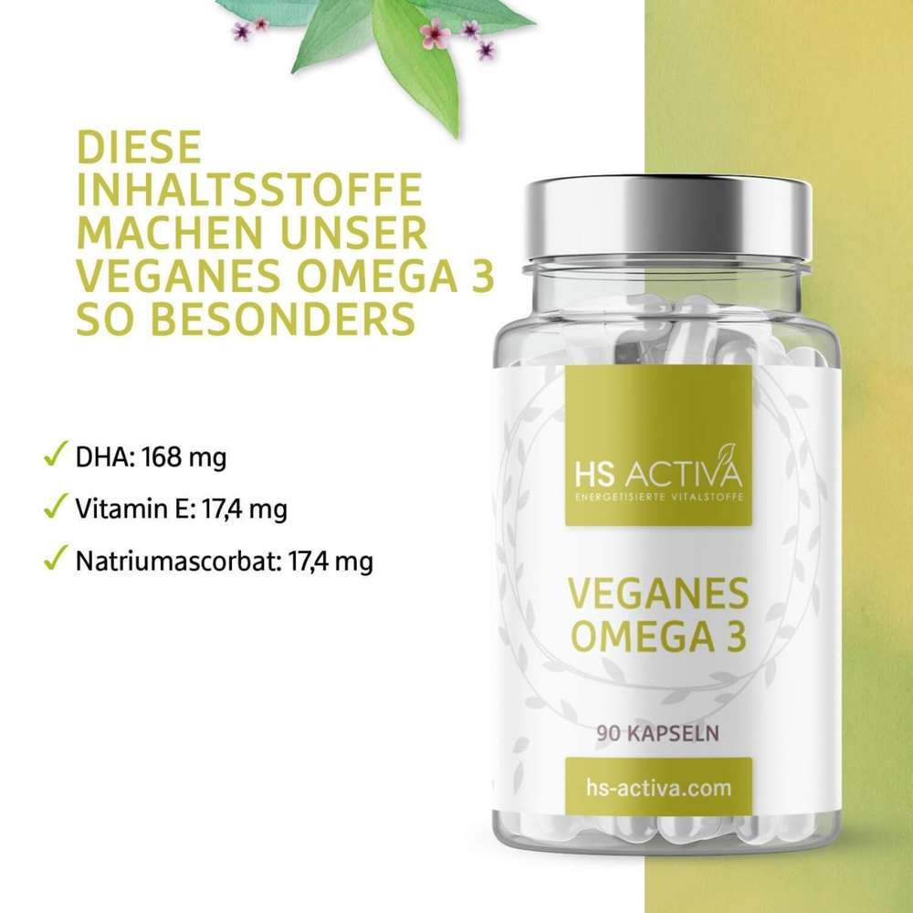 Inhaltsstoffe veganes Omega 3: 168 mg DHA, Vitamin E und Natriumascorbat je Kapsel